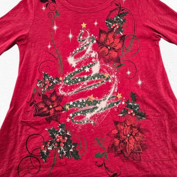 Jess & Jane Red Christmas Tree Poinsettia Graphic A-Line Tunic Top Size Medium - Picture 4 of 8